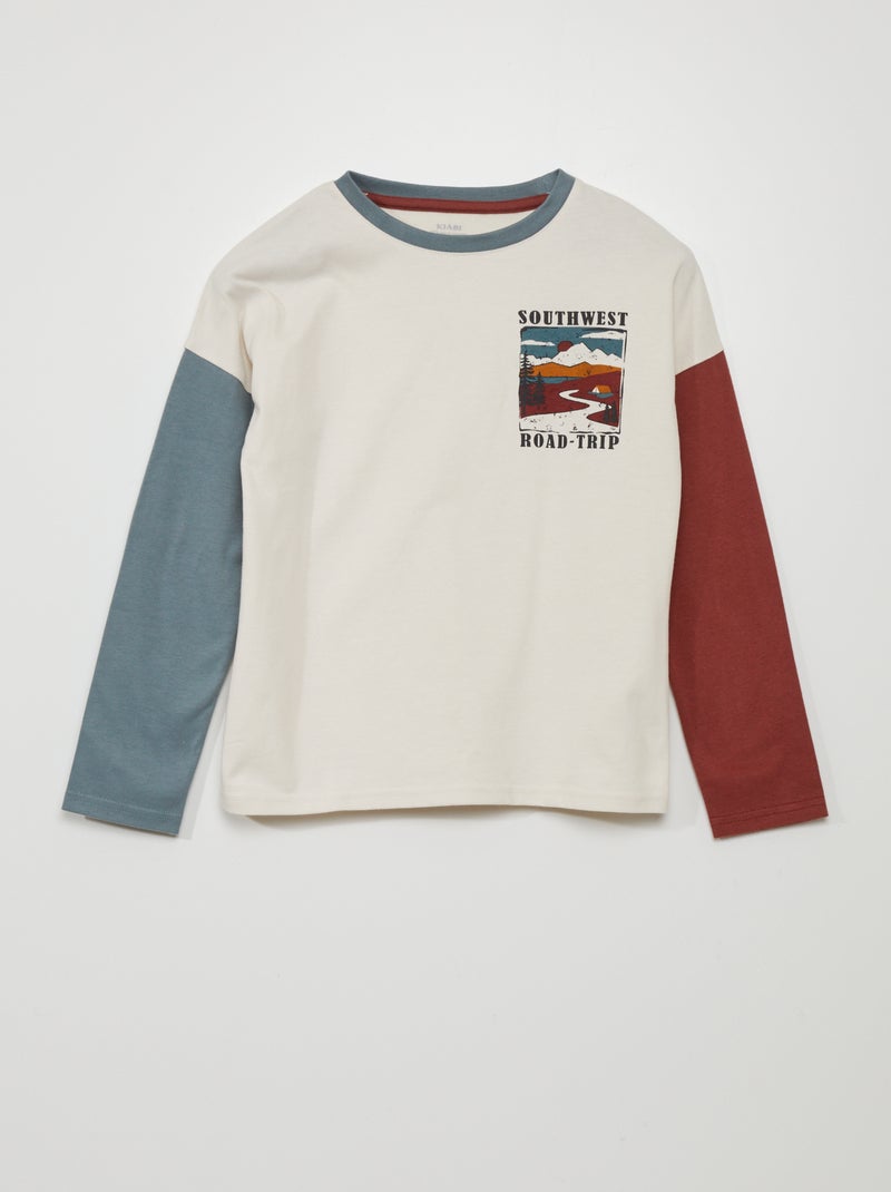 Tee-shirt manches longues tricolore Beige/bordeaux/bleu - Kiabi