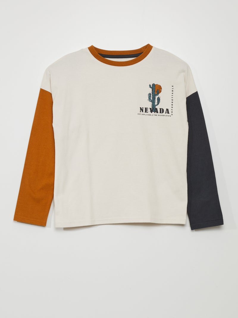 Tee-shirt manches longues tricolore Beige/camel/marine - Kiabi