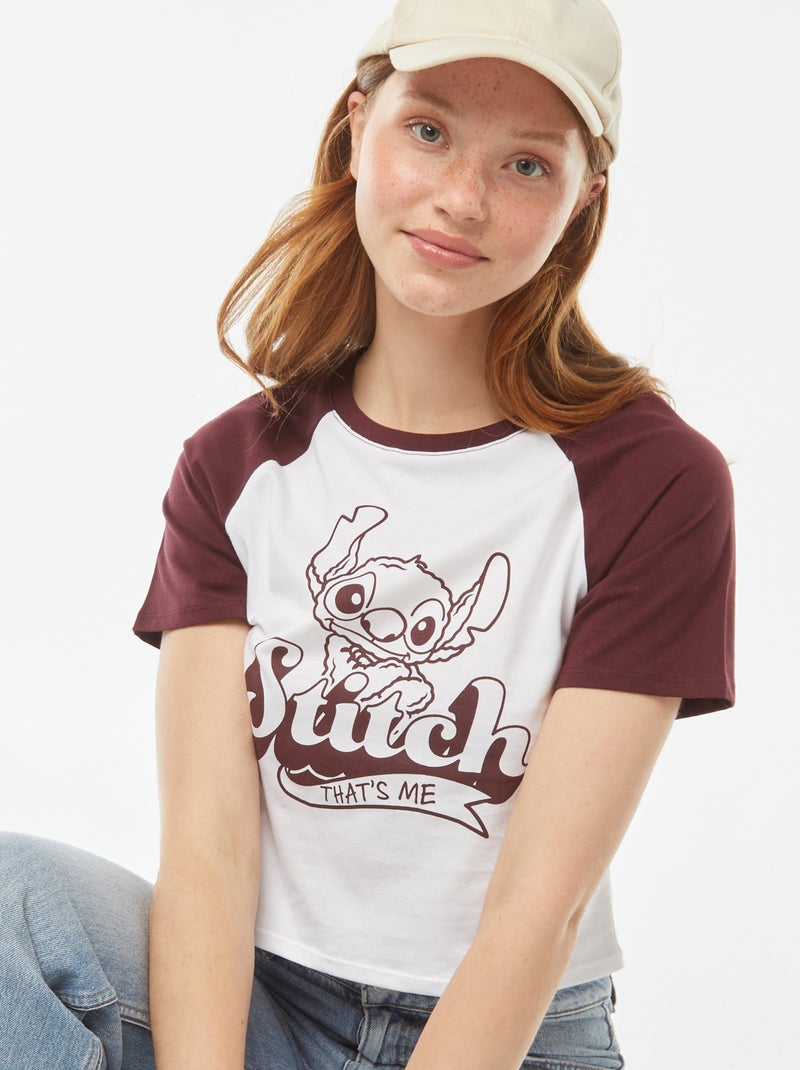 Tee-shirt manches raglan 'Stitch' Blanc/bordeaux - Kiabi