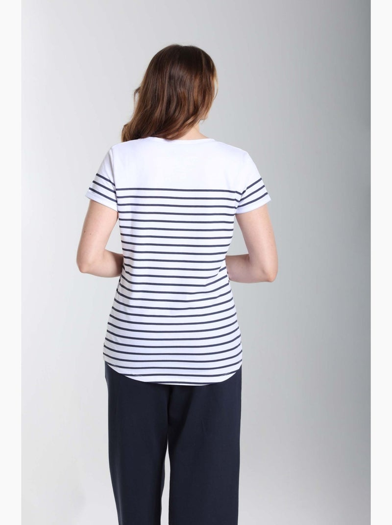 Tee Shirt Mariniere Manches Courtes Femme Teeliner  | Gerard Pasquier Avec Col Rond | Gerard Pasquie Blanc Bleu marine - Kiabi