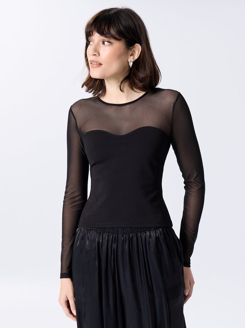 Tee-shirt moulant avec partie supérieure transparente Noir - Kiabi