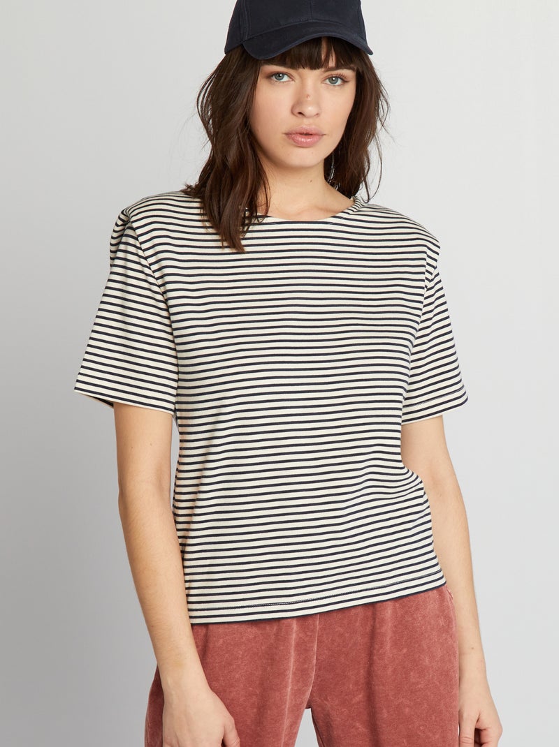 Tee-shirt rayé avec épaulettes Noir - Kiabi