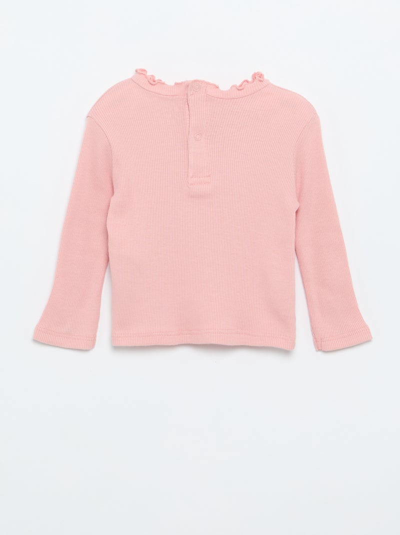 Tee-shirt rib col ondulé Rose - Kiabi