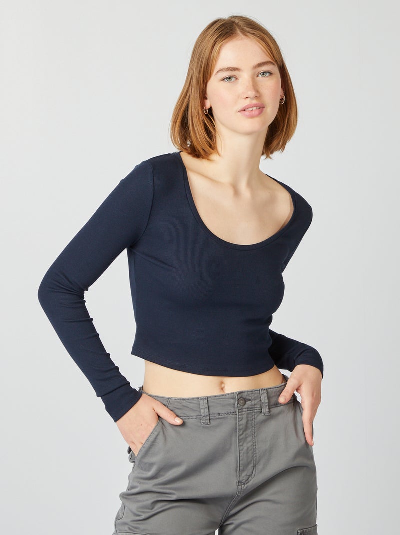 Tee-shirt rib crop top bleu marine - Kiabi