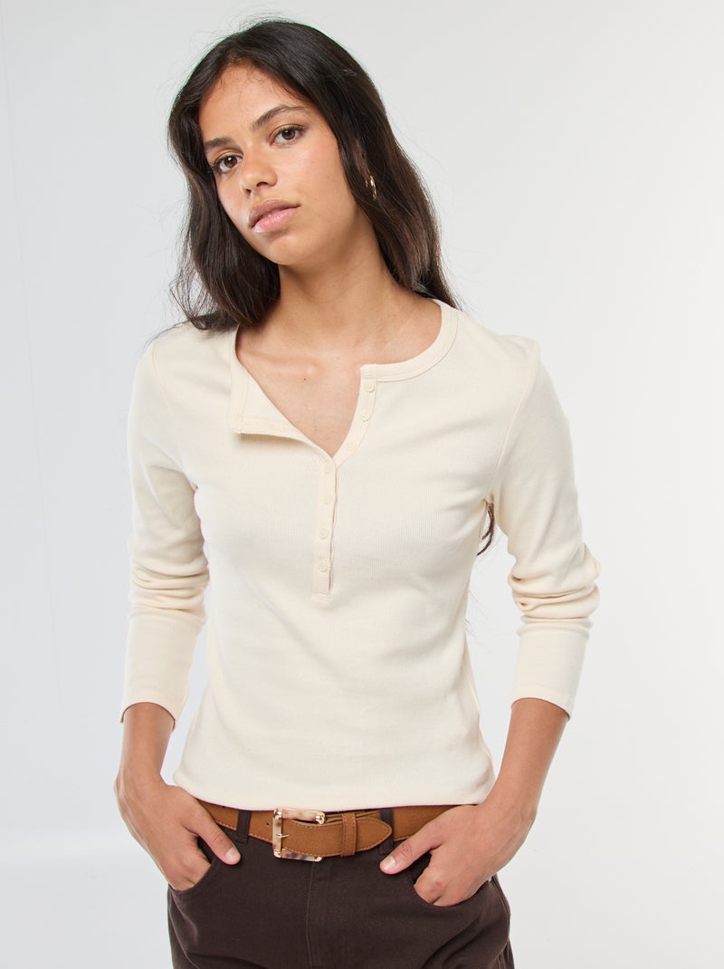 Tee-shirt uni côtelé avec col tunisien Blanc Femme