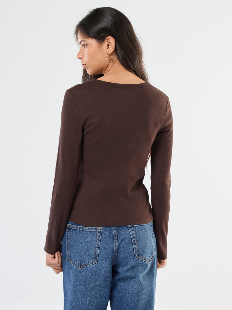 Tee-shirt uni côtelé avec col tunisien Marron - Kiabi
