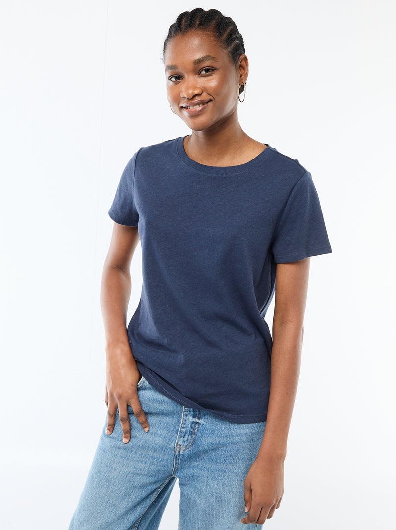 Tee-shirt uni en lin mélangé Bleu - Kiabi