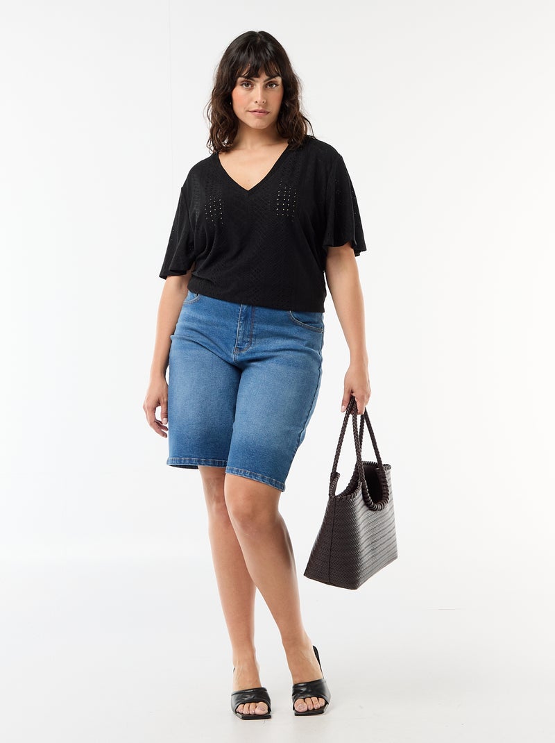 Tee-shirt uni en maille ajourée Noir - Kiabi