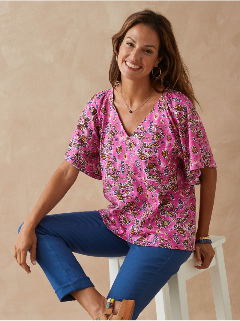 Tee-shirt V avec smocks - DAXON Rose/Multicolore - Kiabi