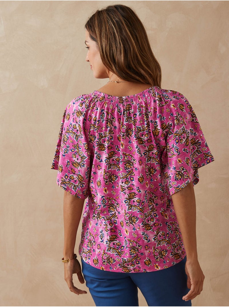 Tee-shirt V avec smocks - DAXON Rose/Multicolore - Kiabi