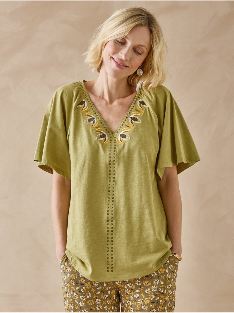Tee-shirt V manches papillon - DAXON Kaki - Kiabi
