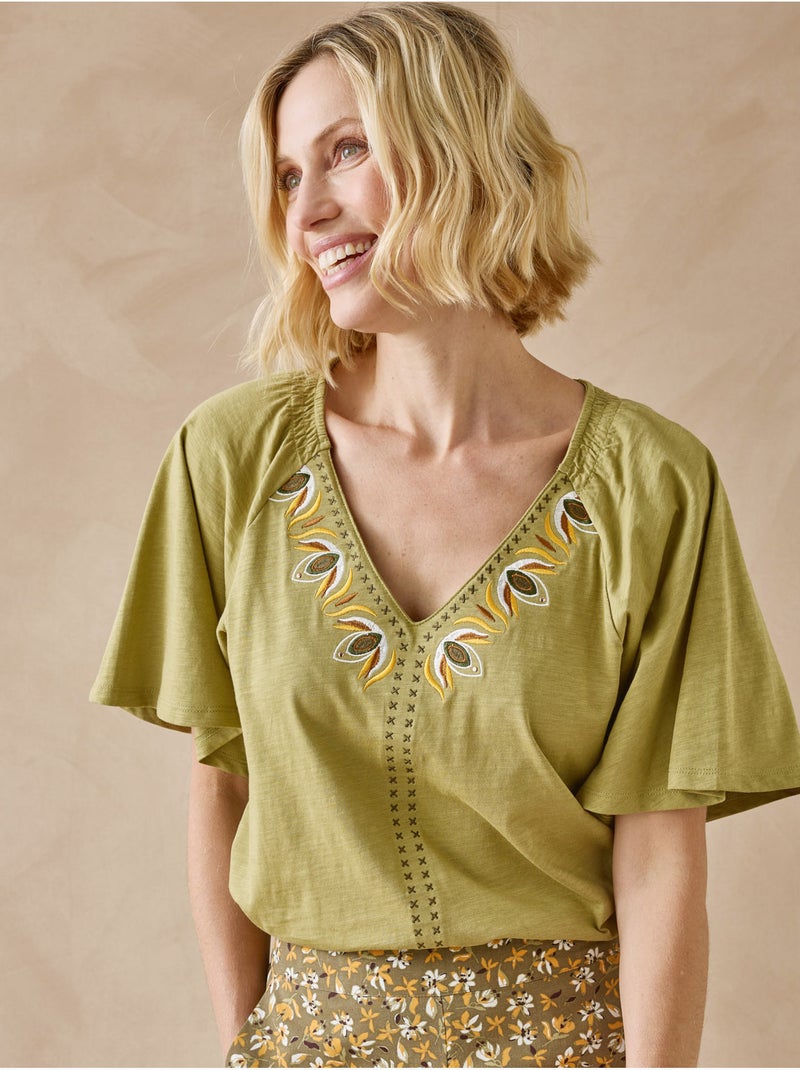 Tee-shirt V manches papillon - DAXON Kaki - Kiabi