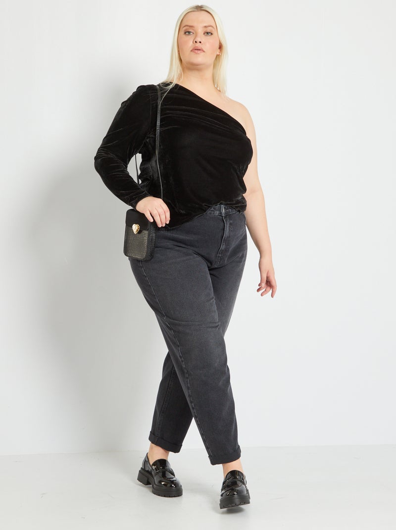 Tee-shirt velours one shoulder noir - Kiabi