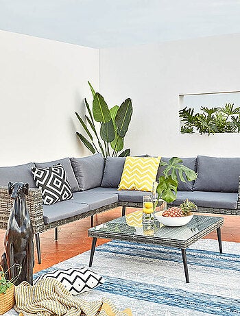 TEFARI Salon de jardin bas 5 places en résine tressée gris