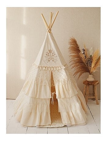 Tente Tipi avec franges et tapis Boho en coton Caramel