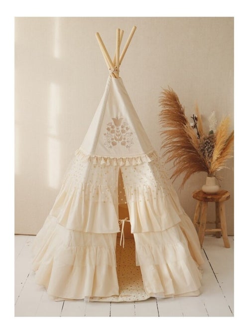 Tente Tipi avec franges et tapis Boho en coton Caramel - Kiabi