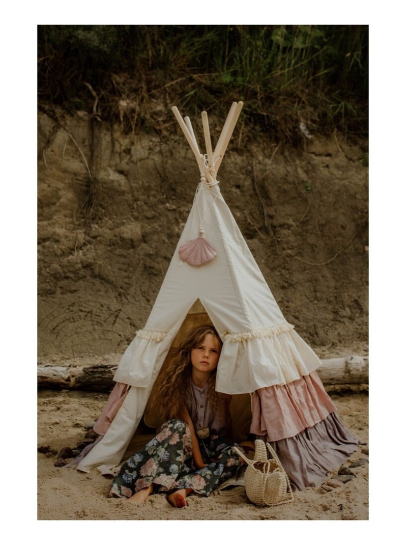 Tente Tipi avec franges et tapis Powder Frills en coton et Beige - Kiabi