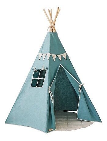 Tente Tipi avec guirlande et tapis Mint Love en coton clair