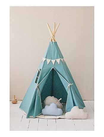 Tente Tipi avec guirlande et tapis Mint Love en coton clair