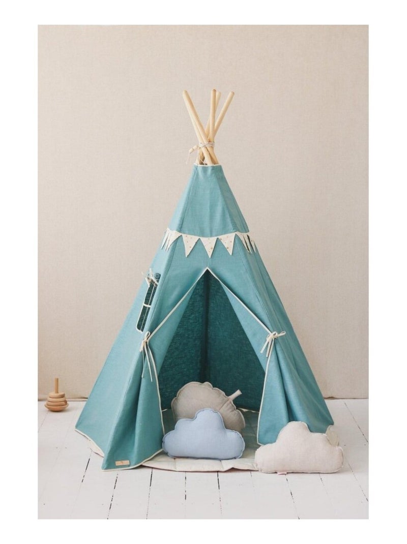 Tente Tipi avec guirlande et tapis Gold Star  en lin Bleu - Kiabi