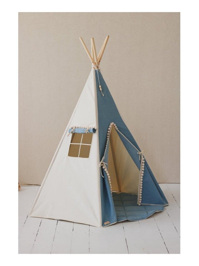 Tente Tipi avec pompoms et tapis Jeans en coton Bleu - Kiabi