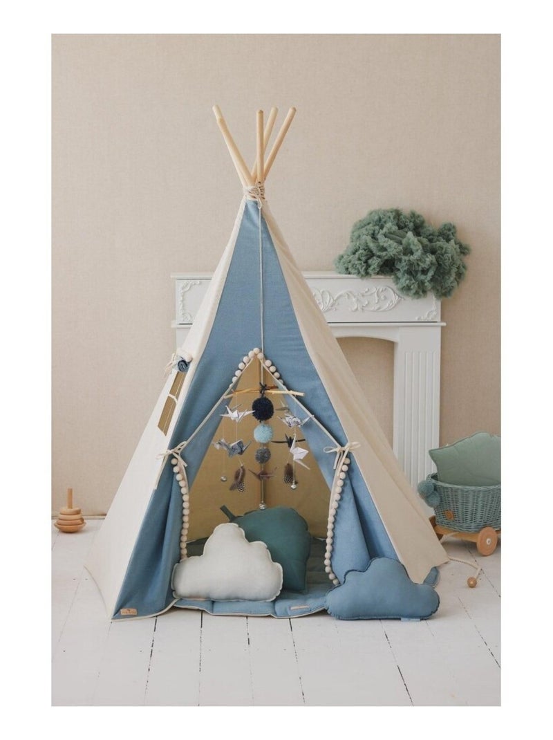 Tente Tipi avec pompoms et tapis Jeans en coton Bleu - Kiabi