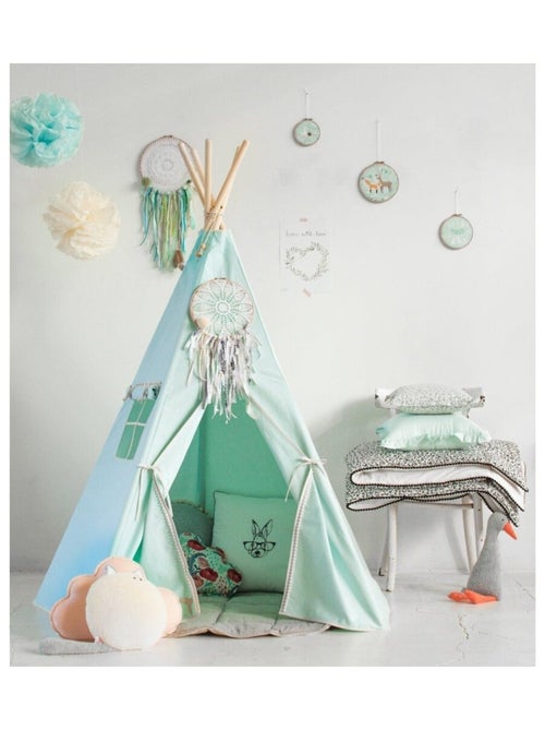 Tente Tipi avec pompoms et tapis Menthe en coton - Kiabi