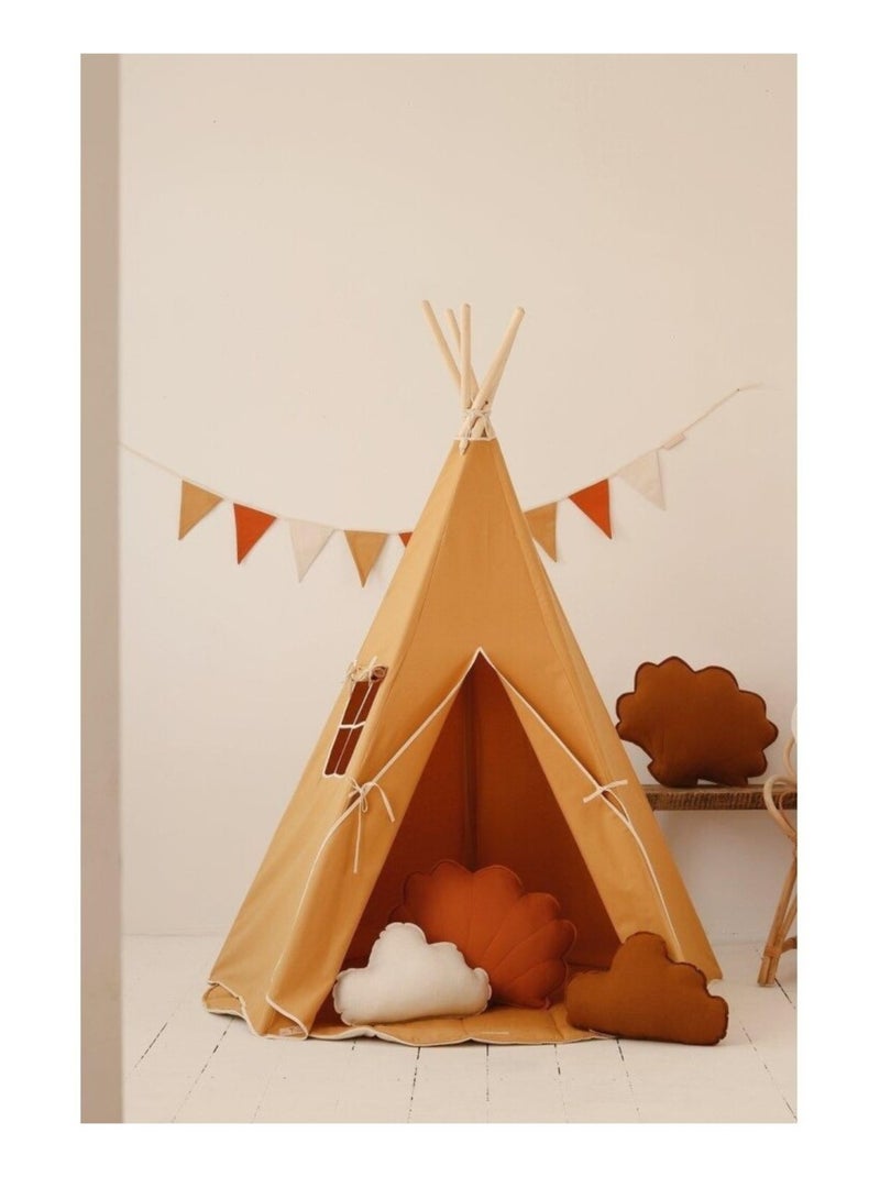 Tente Tipi avec pompoms et tapis Ochre en coton - Orange - Kiabi - 175.90€