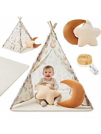 Tente tipi enfant bois pin et tissu tapis antidérapant led 100x100cm écru olive