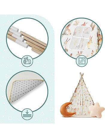 Tente tipi enfant bois pin et tissu tapis antidérapant led 100x100cm écru olive