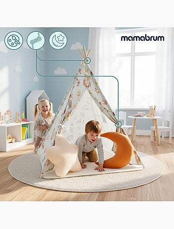 Tente tipi enfant bois pin et tissu tapis antidérapant led 100x100cm écru olive