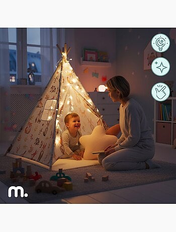 Tente tipi enfant bois pin et tissu tapis antidérapant led 100x100cm écru olive