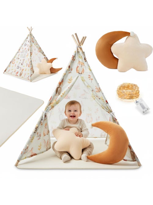 Tente tipi enfant bois pin et tissu tapis antidérapant led 100x100cm écru olive - Kiabi Tente tipi enfant bois pin et tissu tapis antidérapant led 100x100cm écru olive - Kiabi
