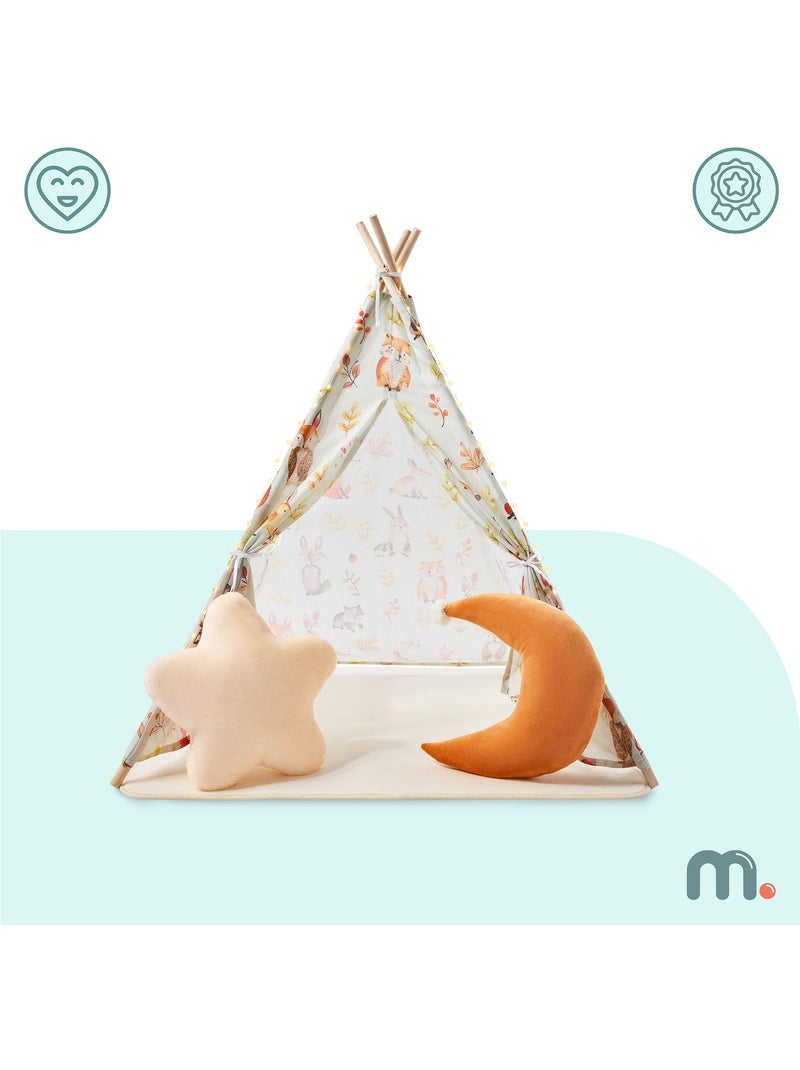 Tente tipi enfant bois pin et tissu tapis antidérapant led 100x100cm écru olive Beige - Kiabi