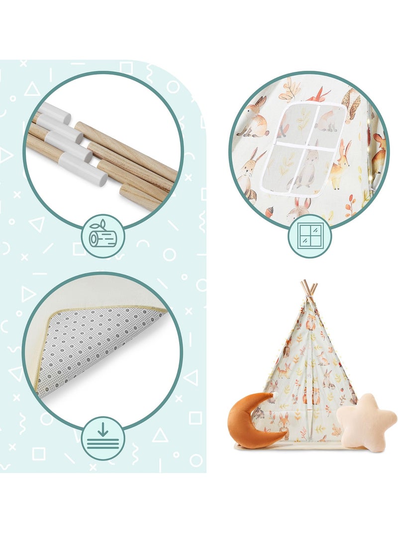 Tente tipi enfant bois pin et tissu tapis antidérapant led 100x100cm écru olive Beige - Kiabi