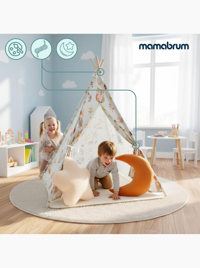 Tente tipi enfant bois pin et tissu tapis antidérapant led 100x100cm écru olive Beige - Kiabi