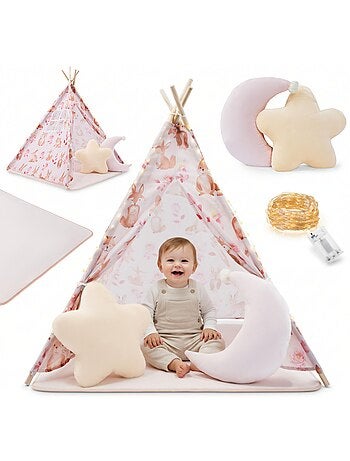 Tente tipi enfant en bois pin et tissu tapis antidérapant led - 100x100 cm