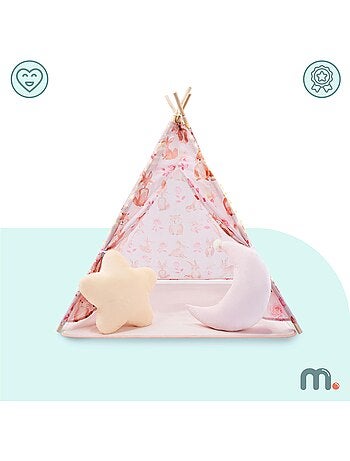 Tente tipi enfant en bois pin et tissu tapis antidérapant led - 100x100 cm