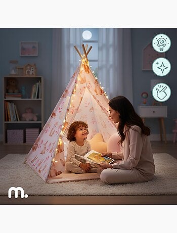 Tente tipi enfant en bois pin et tissu tapis antidérapant led - 100x100 cm