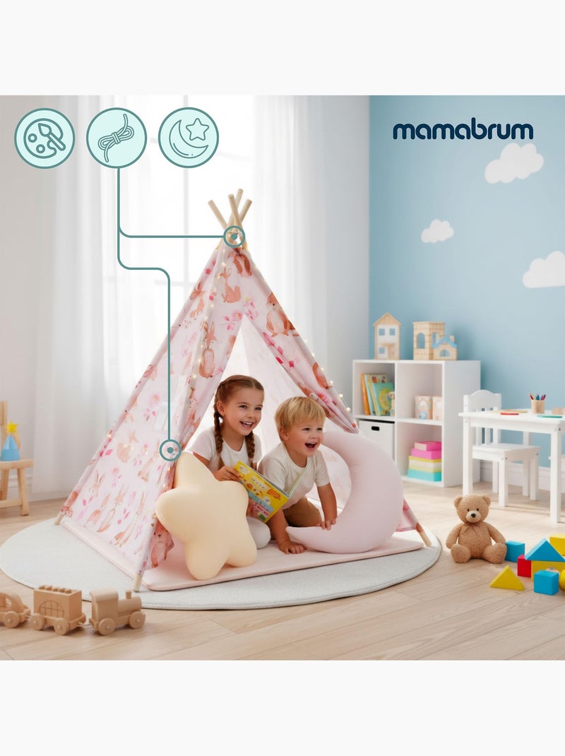 Tente tipi enfant en bois pin et tissu tapis antidérapant led - 100x100 cm Rose - Kiabi