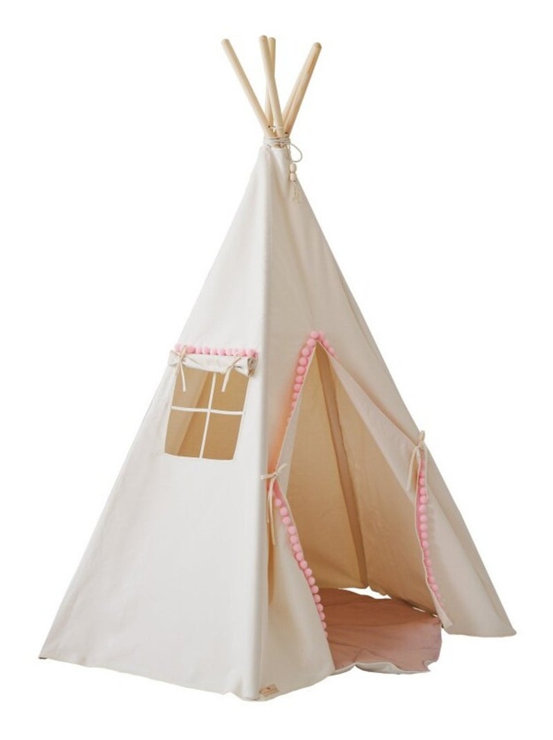 Tente Tipi Fluffy Pompoms avec tapis  en coton Beige - Kiabi