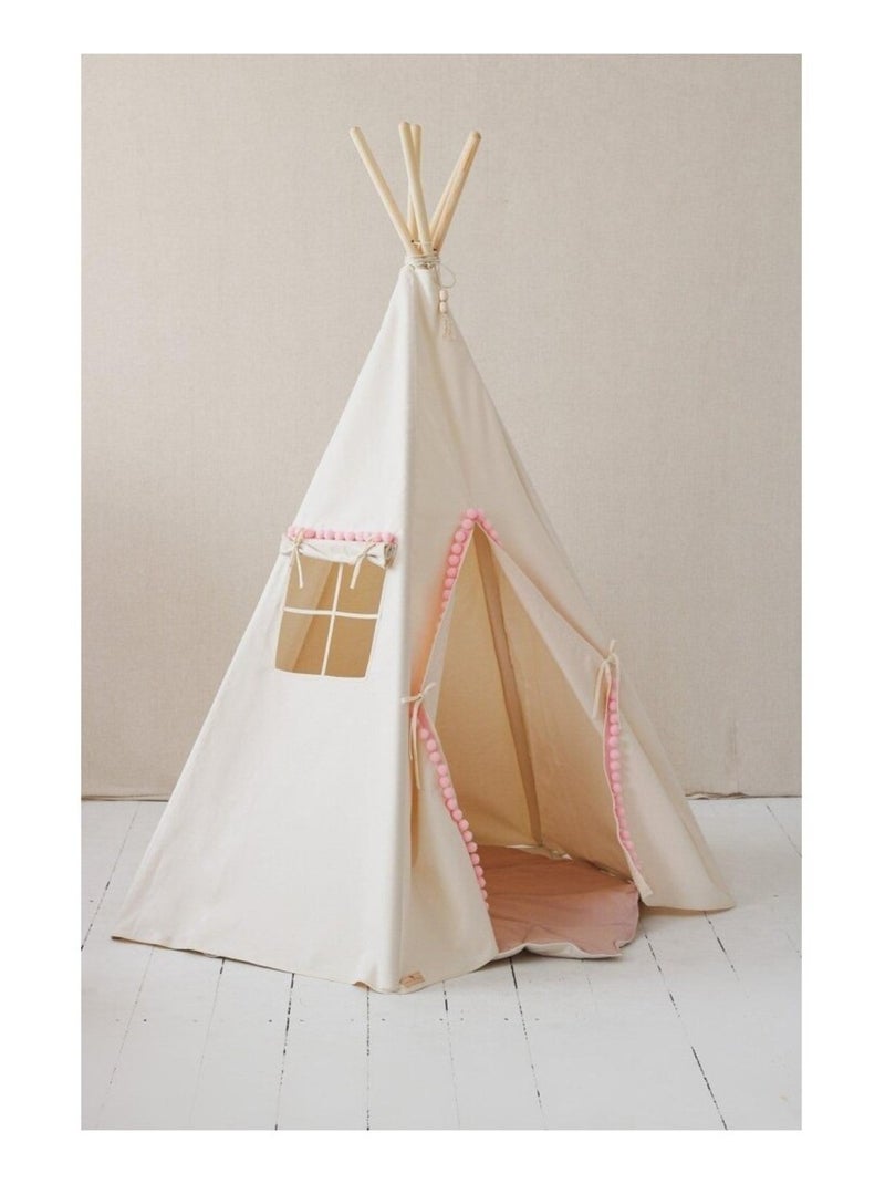 Tente Tipi Fluffy Pompoms avec tapis  en coton Beige - Kiabi