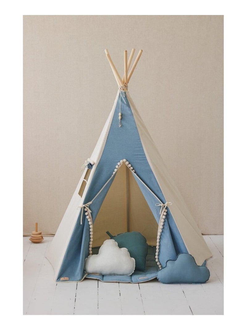 Tente Tipi Jean avec pompoms en coton Bleu - Kiabi