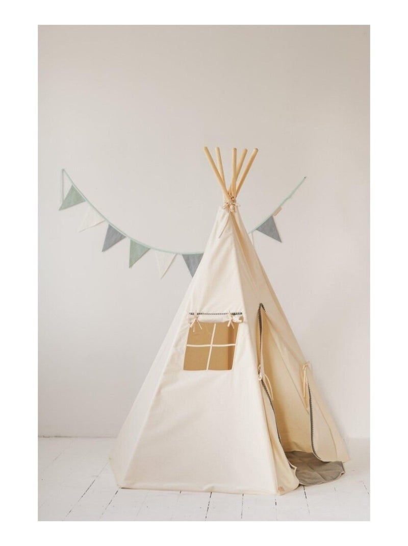 Tente Tipi Pompoms avec tapis en coton Beige - Kiabi