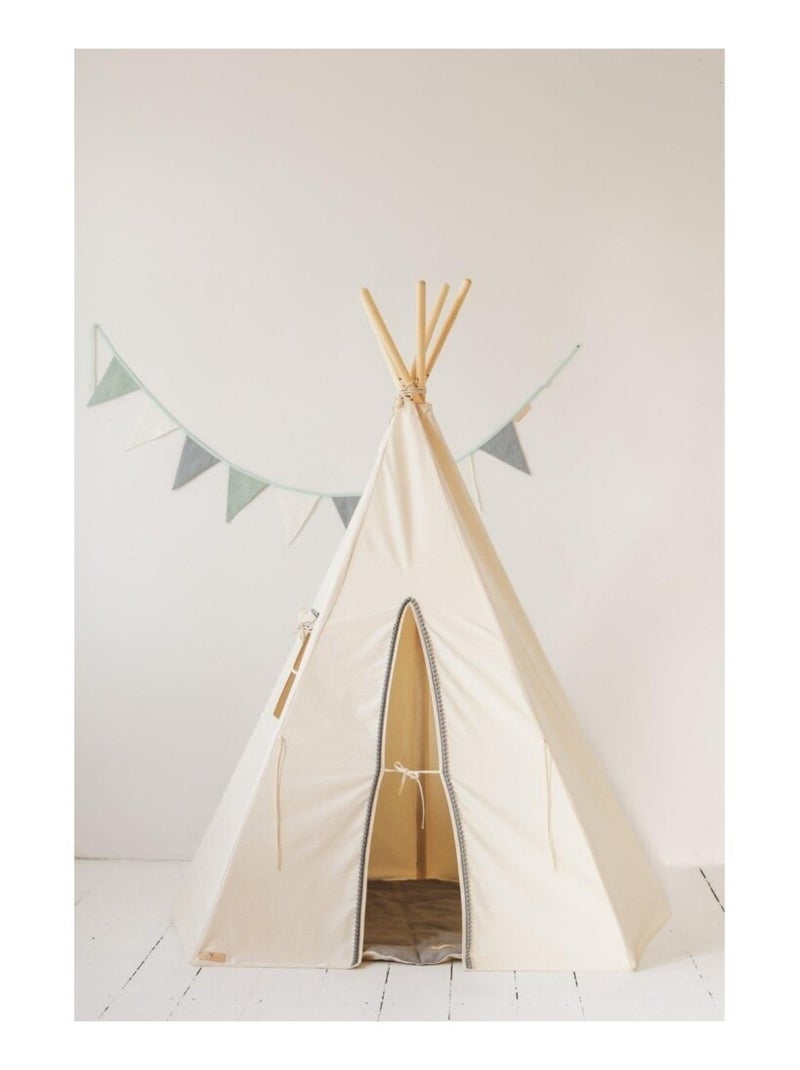 Tente Tipi Pompoms avec tapis en coton Beige - Kiabi