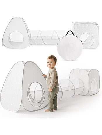 Tente tunnel enfant pop-up 3 en 1 triangle cube labyrinthe dim 302x80cm gris