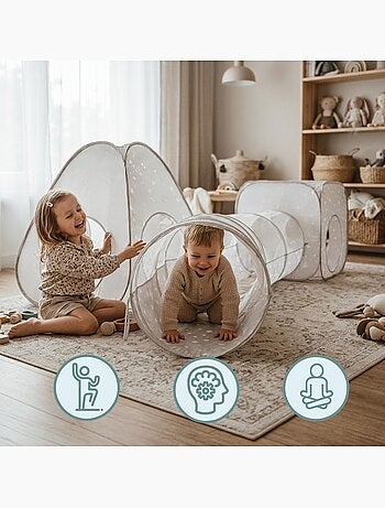Tente tunnel enfant pop-up 3 en 1 triangle cube labyrinthe dim 302x80cm gris