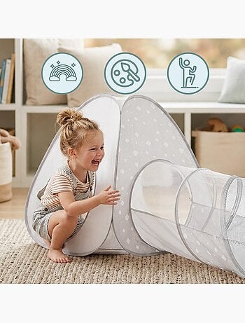 Tente tunnel enfant pop-up 3 en 1 triangle cube labyrinthe dim 302x80cm gris