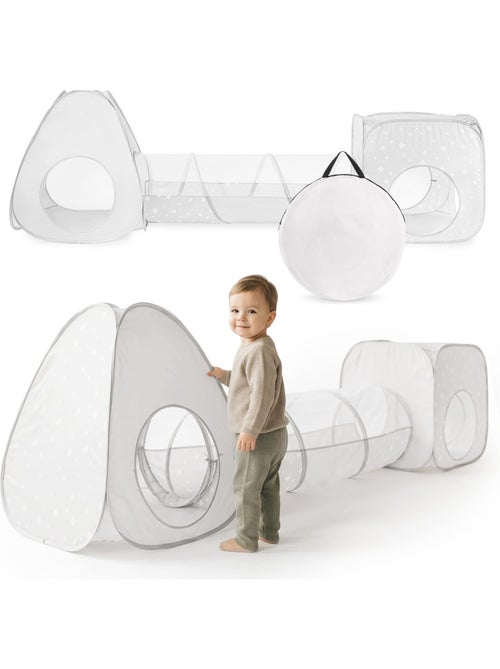 Tente tunnel enfant pop-up 3 en 1 triangle cube labyrinthe dim 302x80cm gris - Kiabi Tente tunnel enfant pop-up 3 en 1 triangle cube labyrinthe dim 302x80cm gris - Kiabi