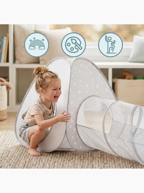 Tente tunnel enfant pop-up 3 en 1 triangle cube labyrinthe dim 302x80cm gris - Kiabi Tente tunnel enfant pop-up 3 en 1 triangle cube labyrinthe dim 302x80cm gris - Kiabi